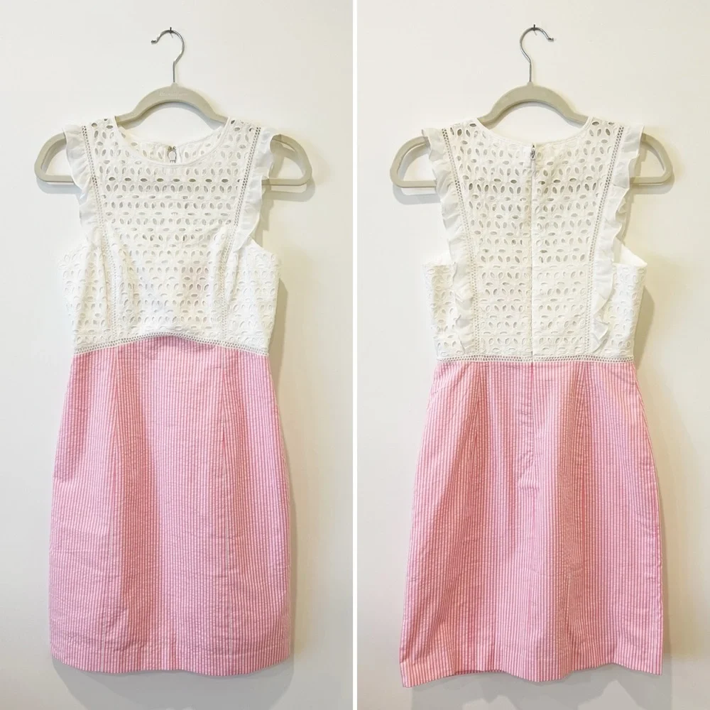 Lilly Pulitzer Maya Shift Dress Pink Tropics Seersucker Eyelet Ruffled Lace Sz 0 - Picture 7 of 10